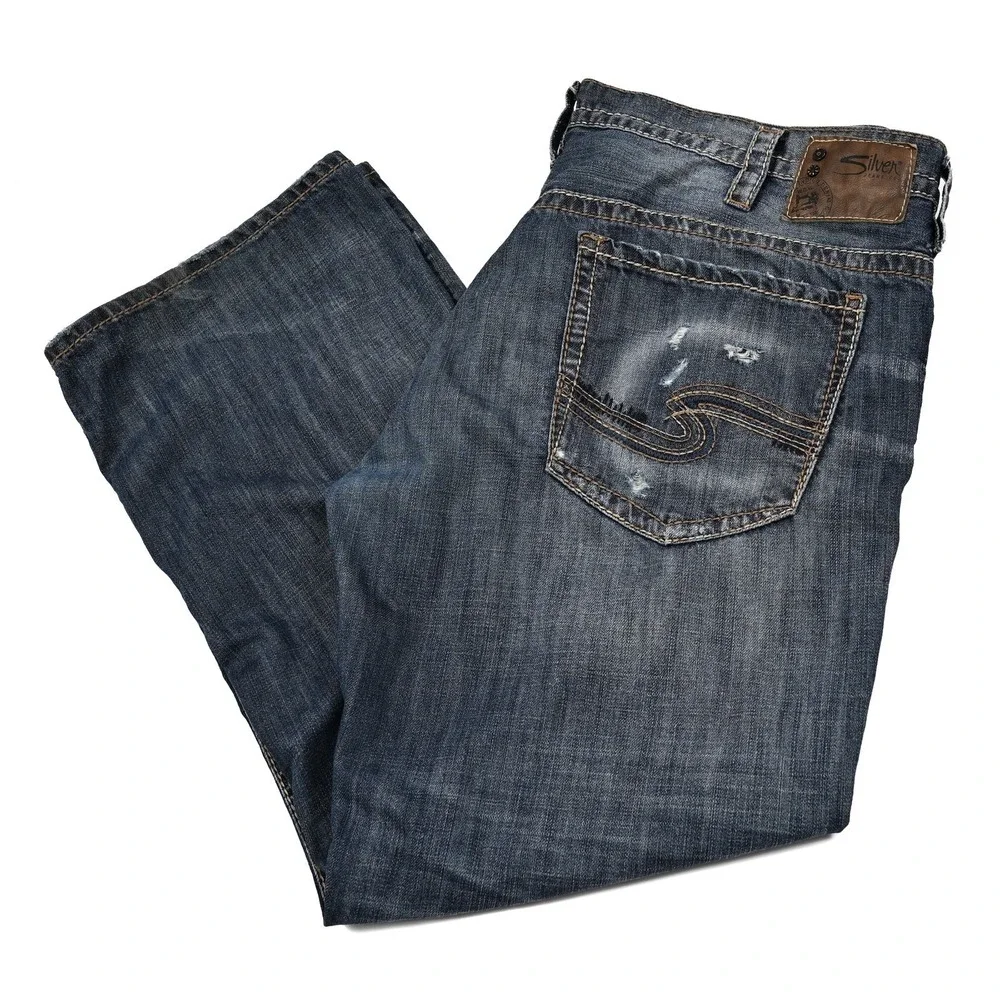 Silver Gordie Loose Relaxed Fit Jeans Mens 40x32 (42x31) Straight Leg Distressed